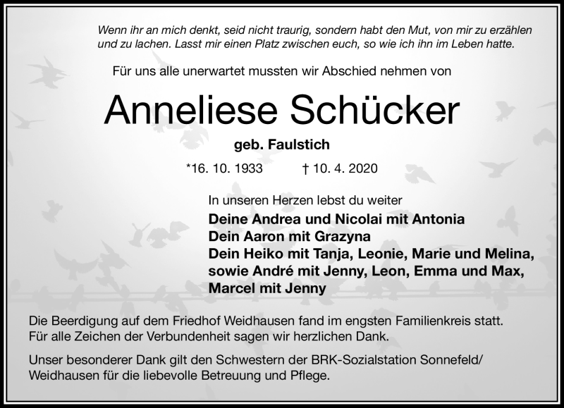  Traueranzeige für Anneliese Schücker vom 18.04.2020 aus Neue Presse Coburg