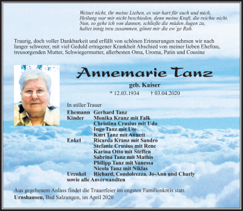 Traueranzeige von Annemarie Tanz von Südthüringer Presse