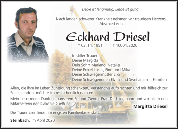 Traueranzeige von Eckhard Driesel von Südthüringer Presse