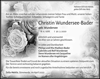 Traueranzeige von Chrstin Wundersee-Bader von Südthüringer Presse