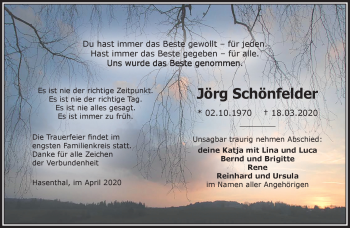 Traueranzeige von Jörg Schönfelder von Südthüringer Presse
