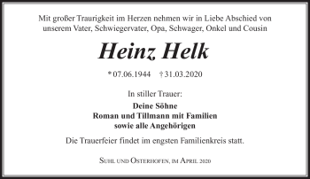 Traueranzeige von Heinz Helk von Südthüringer Presse