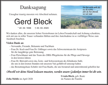 Traueranzeige von Gerd Bleck von Südthüringer Presse