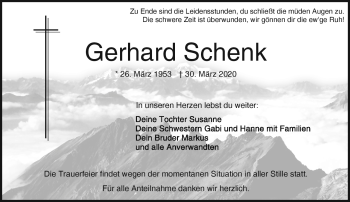 Traueranzeige von Gerhard Schenk von Frankenpost
