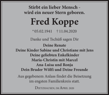 Traueranzeige von Fred Koppe von Südthüringer Presse