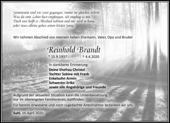 Traueranzeige von Reinhold Brandt von Südthüringer Presse