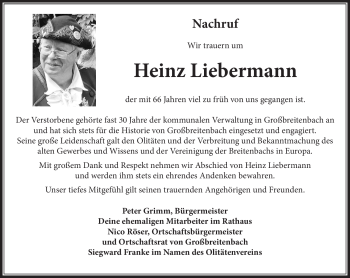 Traueranzeige von Heinz Liebermann von Südthüringer Presse