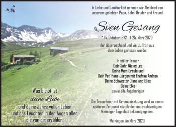 Traueranzeige von Sven Gesang von Südthüringer Presse