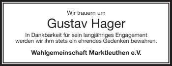 Traueranzeige von Gustav Hager von Frankenpost