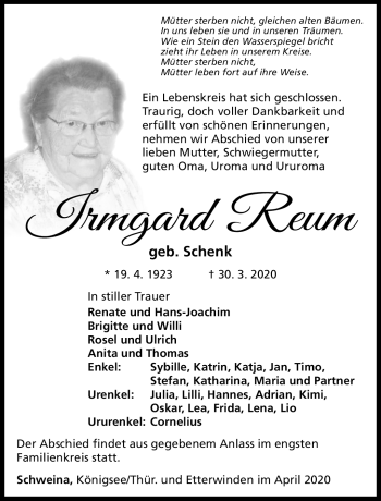 Traueranzeige von Irmgard Reum von Südthüringer Presse