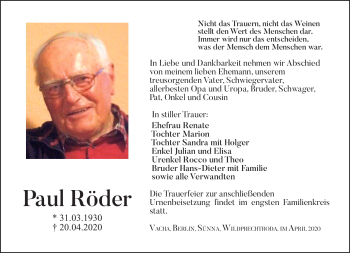Traueranzeige von Paul Röder von Südthüringer Presse