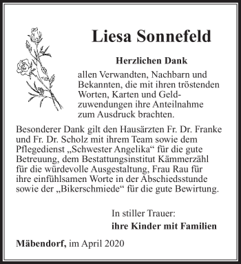 Traueranzeige von Liesa Sonnefeld von Südthüringer Presse