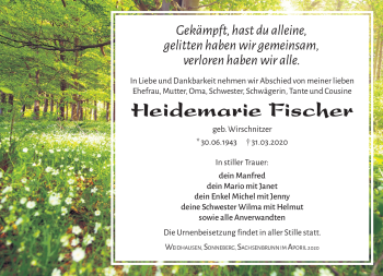 Traueranzeige von Heidemarie Fischer von Südthüringer Presse