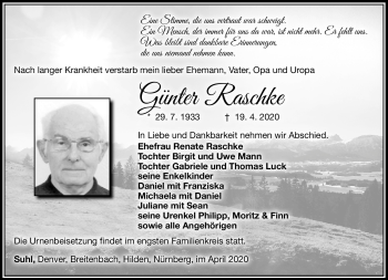Traueranzeige von Günter Raschke von Südthüringer Presse