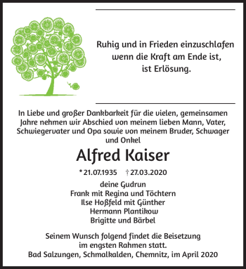 Traueranzeige von Alfred Kaiser von Südthüringer Presse