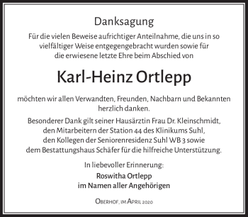 Traueranzeige von Karl-Heinz Ortlepp von Südthüringer Presse