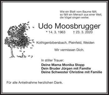 Traueranzeige von Udo Moosburger von Frankenpost
