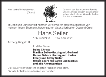 Traueranzeige von Hans Seiler von Frankenpost