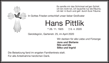 Traueranzeige von Hans Pittlik von Frankenpost