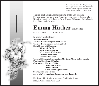 Traueranzeige von Emma Hüther von Südthüringer Presse