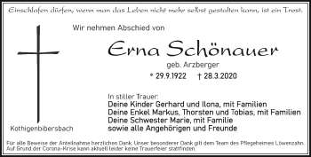 Traueranzeige von Erna Schönauer von Frankenpost