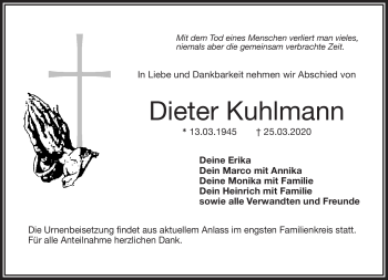 Traueranzeige von Dieter Kuhlmann von Frankenpost
