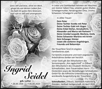 Traueranzeige von Ingrid Seidel von Südthüringer Presse