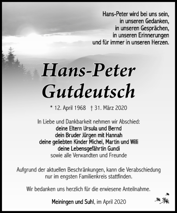 Traueranzeige von Hans-Peter Gutdeutsch von Südthüringer Presse