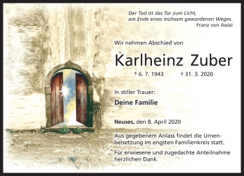 Traueranzeige von Karlheinz Zuber von Neue Presse Coburg