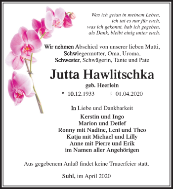 Traueranzeige von Jutta Hawlitschka von Südthüringer Presse