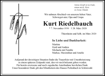Traueranzeige von Kurt Riedelbauch von Frankenpost