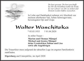 Traueranzeige von Walter Waschitzka von Südthüringer Presse