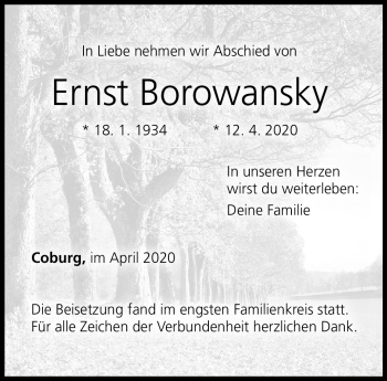 Traueranzeige von Ernst Borowanksy von Neue Presse Coburg
