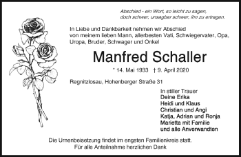 Traueranzeige von Manfred Schaller von Frankenpost