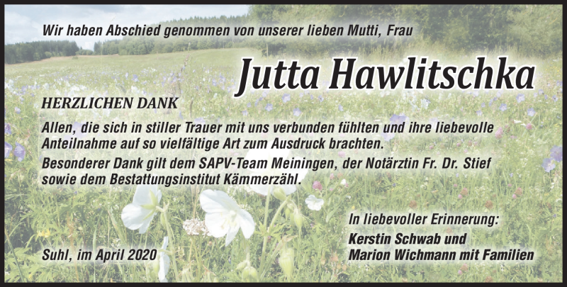  Traueranzeige für Jutta Hawlitschka vom 14.04.2020 aus Südthüringer Presse