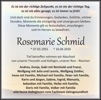 Traueranzeige von Rosemarie Schmid von Frankenpost