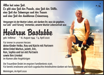 Traueranzeige von Heidrun Bastubbe von Südthüringer Presse