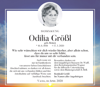 Traueranzeige von Odilia Größl von Südthüringer Presse