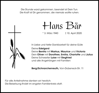 Traueranzeige von Hans Bär von Frankenpost