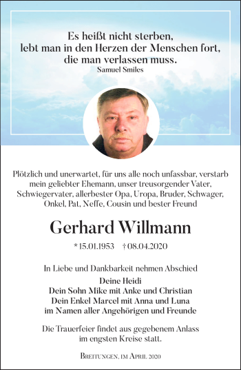 Traueranzeige von Gerhard Willmann von Südthüringer Presse