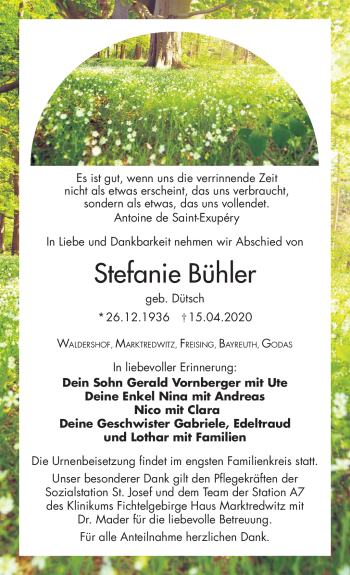 Traueranzeige von Stefanie Bühler von Frankenpost