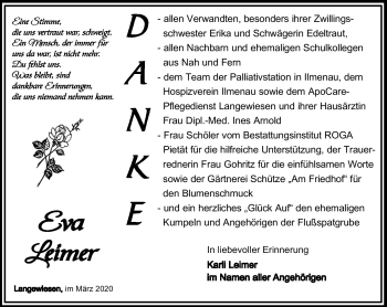 Traueranzeige von Eva Leimer von Südthüringer Presse
