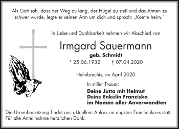 Traueranzeige von Irmgard Sauermann von Frankenpost