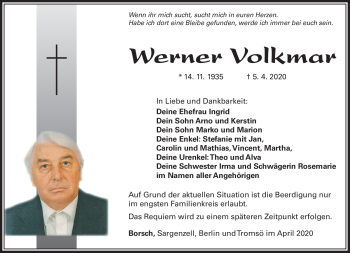 Traueranzeige von Werner Volkmar von Südthüringer Presse