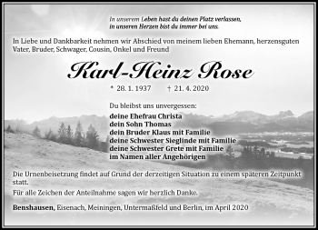 Traueranzeige von Karl-Heinz Rose von Südthüringer Presse