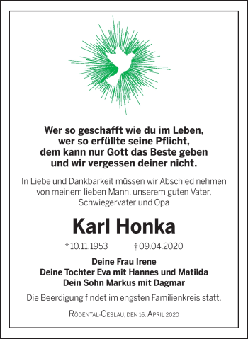 Traueranzeige von Karl Honka von Neue Presse Coburg