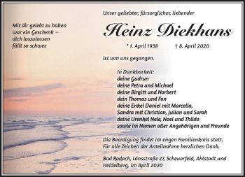 Traueranzeige von Heinz Diekhans von Südthüringer Presse
