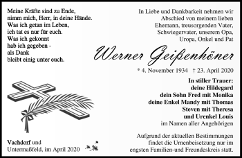 Traueranzeige von Werner Geißenhöner von Südthüringer Presse