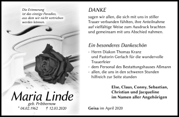 Traueranzeige von Maria Linde von Südthüringer Presse