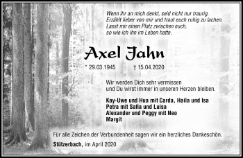 Traueranzeige von Axel Jahn von Südthüringer Presse